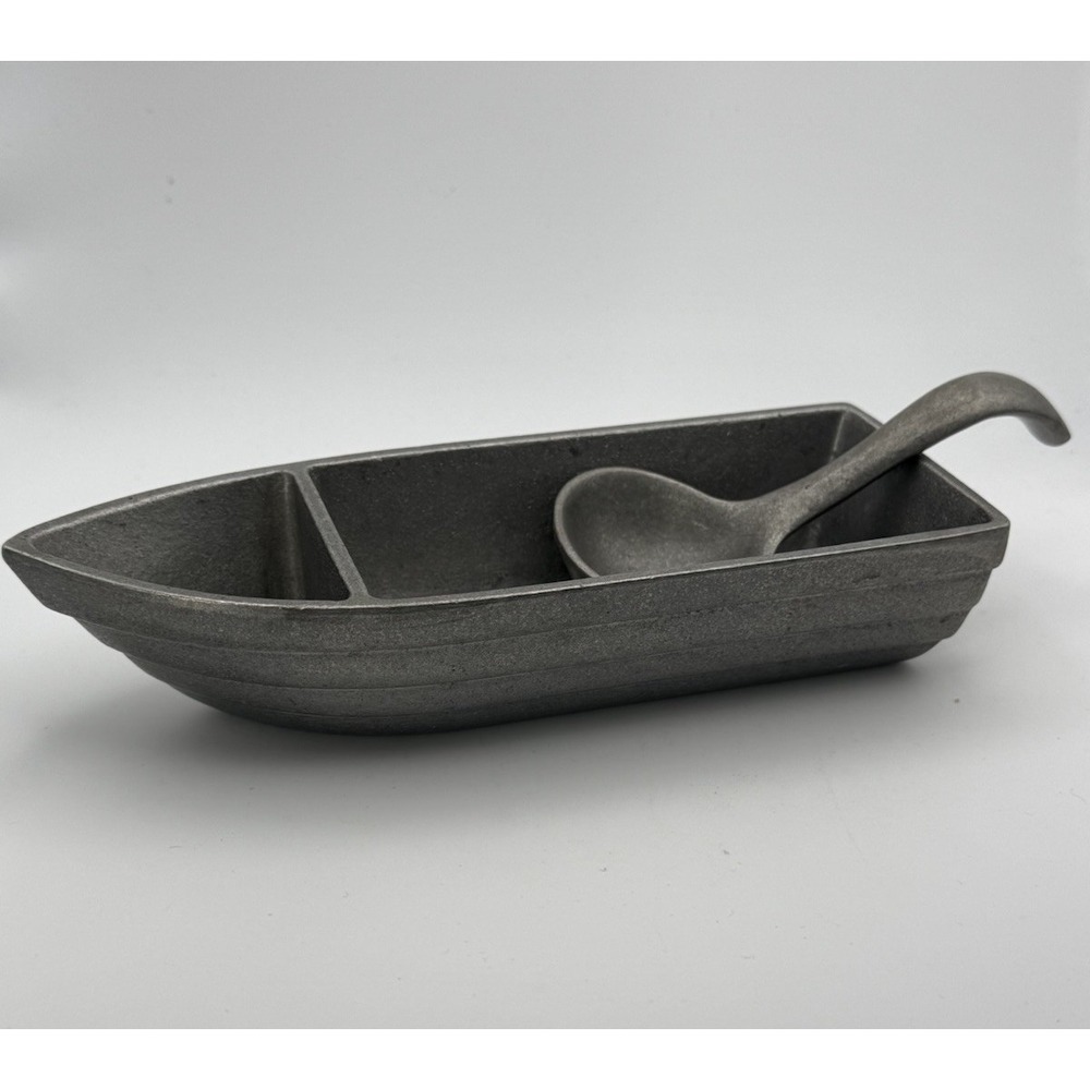 RARE VTG 1972 Wilton Armetale Pewter-Like Boat Nut Dish Bowl Nautical W Spoon